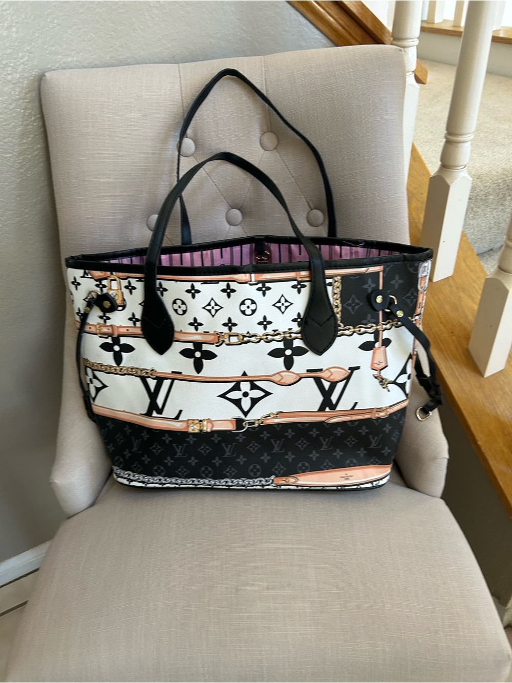 Multicolor Monogram Canvas Tote with Black and Pink Accents